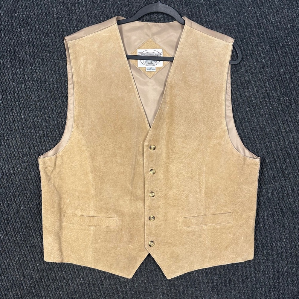 John Ashford Sport Vest Mens L Western Tan Leather Button Front Cinch Back